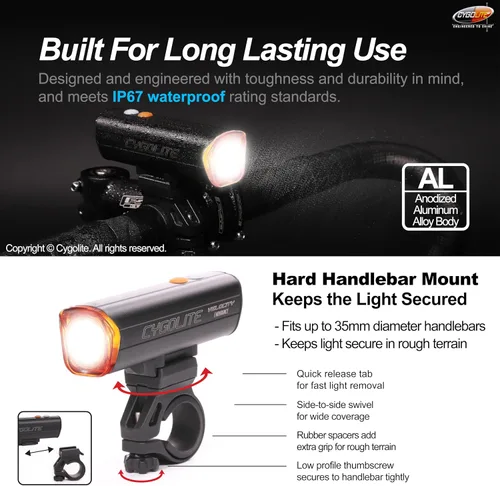 Vista 7 de Cygolite Velocity 1600, 1200, 1000, 800 Lumen USB-C Bike Lights – Anodized Aluminum Alloy – 9 Light Modes – Fine Tunable Brightness - Compact, IP67