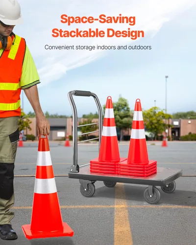 Vista 6 de VEVOR Conos de seguridad, 10 conos de tráfico de 28 pulgadas, conos de construcción naranja de PVC, 2 collares reflectantes con base pesada y anillo