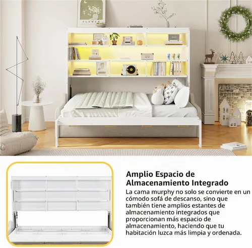 Vista 5 de MERITLINE Cama Murphy horizontal completa con sofá y estantes de almacenamiento, luz LED, madera maciza que ahorra espacio, cama de pared Murphy