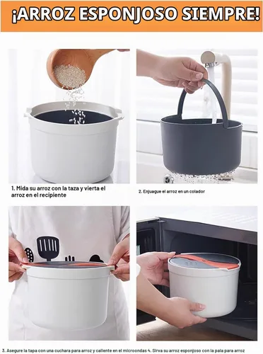 Vista 3 de Olla de arroz para microondas con vaporizador, olla para pasta para microondas con colador, juego de utensilios de cocina para microondas de 2 L