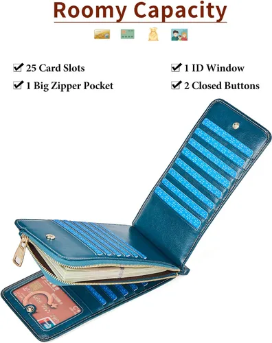 Vista 3 de FOXLOVER Portatarjetas de crédito múltiples para mujer, con bloqueo RFID, cartera de cuero para mujer con bolsillo con cremallera, Azul