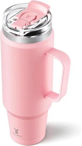 Vista 14 de Meoky Vaso de viaje de acero inoxidable de 40 onzas con asa, taza de viaje de acero inoxidable con tapa para sorber 2 en 1, taza de café aislada al