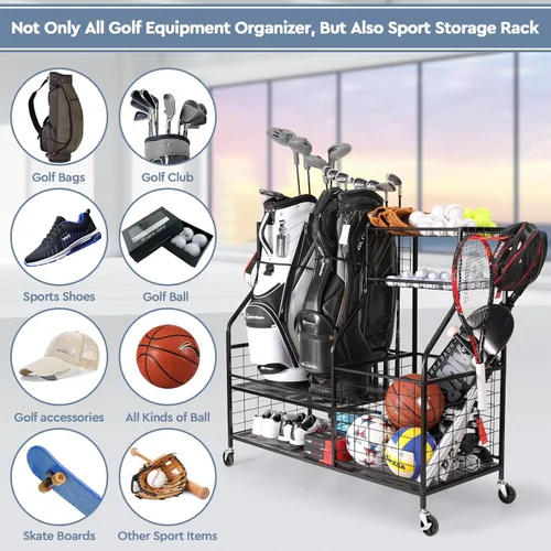 Vista 6 de Organizador de equipo deportivo, almacenamiento deportivo para garaje, estante de almacenamiento de bolsas de golf, soporte organizador de golf