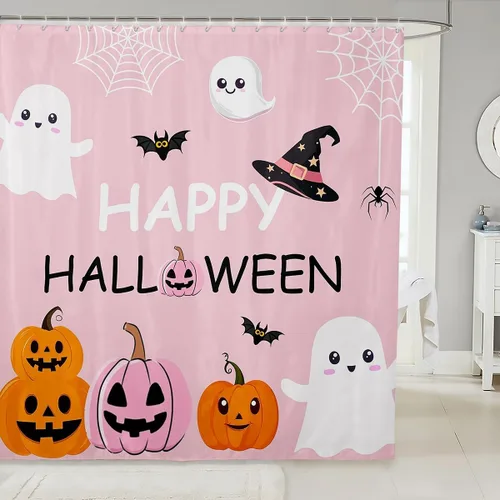 Vista 11 de Cortina de ducha de tela de unicornio de Halloween, misteriosa cortina de ducha de flores de castillo estrellado para baño, cortina de ducha