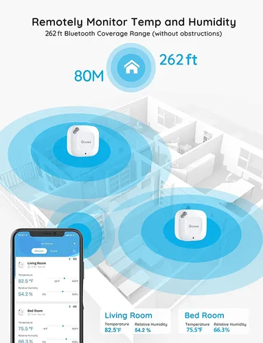 Vista 4 de Govee Termómetro higrómetro Bluetooth, termómetro inalámbrico, mini sensor de humedad con alerta de notificación, almacenamiento y exportación