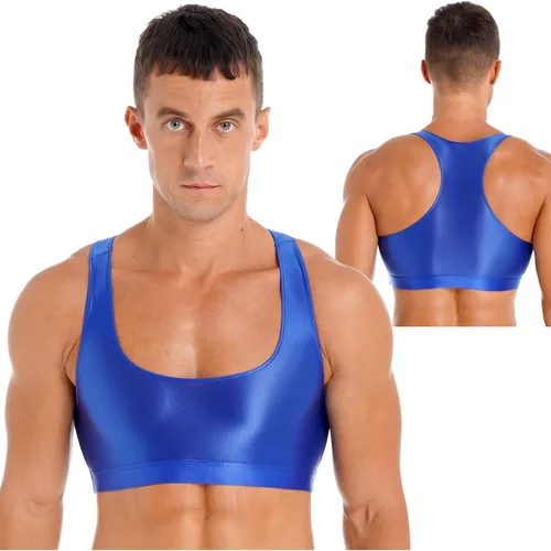Vista 2 de YiZYiF Camiseta deportiva brillante con espalda cruzada para hombre, para gimnasio, entrenamiento, fitness, correr, atlética