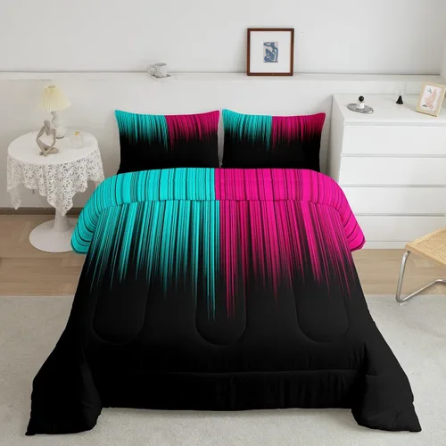Vista 20 de Feelyou Juego de edredón geométrico degradado para adolescentes, tamaño individual, para niños y mujeres, azul, rojo y negro, juego de ropa de cama