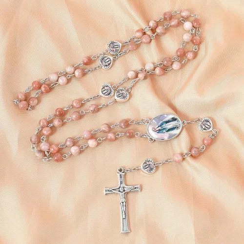 Vista 4 de Nazareth Store Cuentas de piedra natural con corazón de epoxi milagroso, cuentas de metal, collar de rosario, regalos cristianos de piedras preciosas