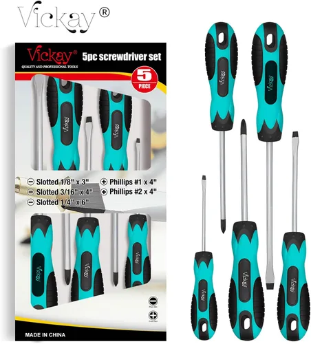 Vista 7 de Vickay Juego de destornilladores magnéticos, 5 destornilladores ranurados y Phillips con mango ergonómico cómodo antideslizante, puntas magnéticas
