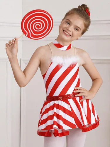 Vista 2 de Disfraz de Navidad para niñas y niñas, disfraz de señora Santa para cosplay, bastón de caramelo, a rayas, tutú, leotardo, vestido de princesa