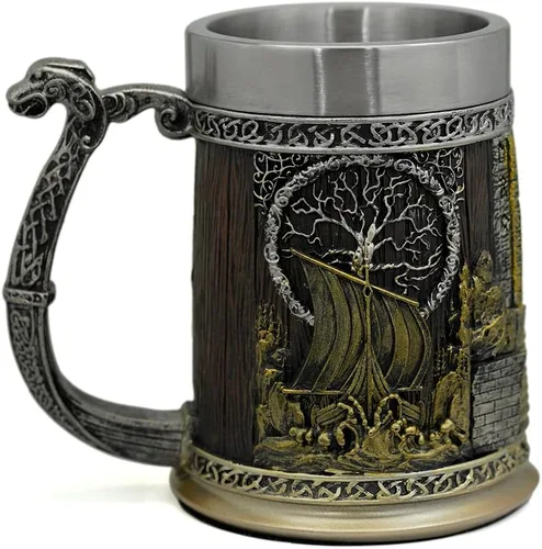 Vista 9 de GuoShuang Decoración nórdica de acero inoxidable de madera viking café fresco taza viking regalo para hombres taza de cerveza stein