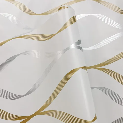 Vista 2 de NextWall Ogee Ribbon - Papel tapiz autoadhesivo (plateado y dorado)