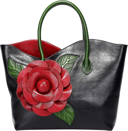 Vista 2 de PIJUSHI Bolsos y bolsos de mano de cuero genuino de diseñador para mujer con asa superior, bolso de mano de flores con cartera de cuero para mujer