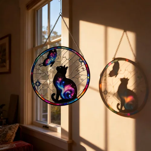 Vista 3 de Colgante de Vidrio Emplomado de Gato Negro para Ventana, 9.8'' Gato Negro y Mariposa con Diseño de Nebulosa Atrapasol Decoración del Hogar