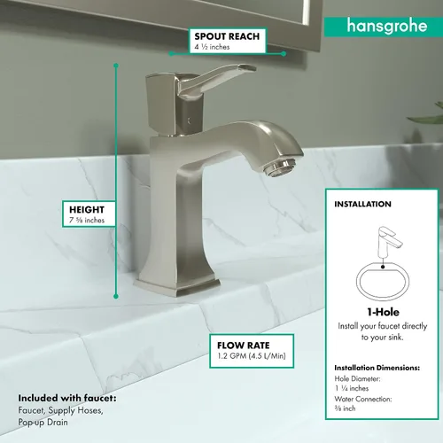 Vista 4 de hansgrohe Metropol 31300821 - Grifo clásico clásico para lavabo de baño de 1 manija y 8 pulgadas de alto en níquel cepillado, 31300821