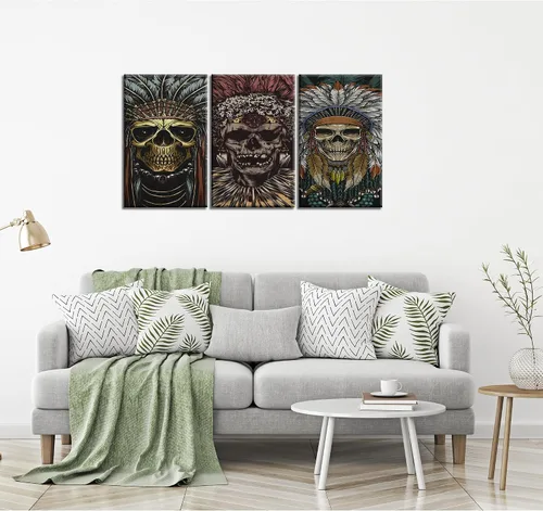 Vista 2 de Tocado indio americano, arte de pared, diseño de calavera tribal india, decoración de pared, cuadro de jefe nativo americano, lienzo impreso, marco