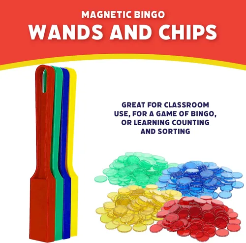 Vista 2 de POPULAR PLAYTHINGS Varitas magnéticas de bingo con 400 fichas de metal, juego de 4 varitas coloridas para juegos de aula, actividades educativas