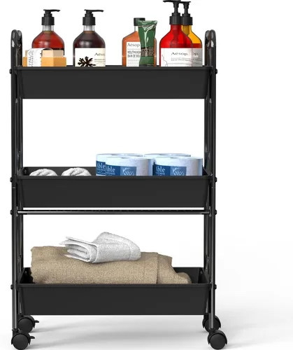Vista 3 de Deco Brothers Carrito utilitario de almacenamiento de metal de 3 niveles con ruedas, negro