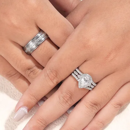 Vista 9 de Newshe Jewellery Juego de anillos de boda para él y ella, anillos de promesa AAAAA para parejas, mujeres, hombres, banda en forma de pera, talla 5-13