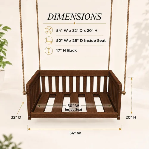 Vista 2 de Amish Made Antique Mahogany Mission Swing, Made in USA Deep Seating Mission Collection HDPE Poly Lumber Porch Swing with Rope, All-Weather Outdoor