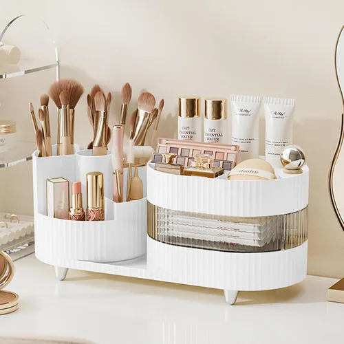 Vista 15 de COMFYROOM Organizador de maquillaje para tocador con soporte para brochas, organizador de maquillaje cosmético de 3 capas, organizador de maquillaje