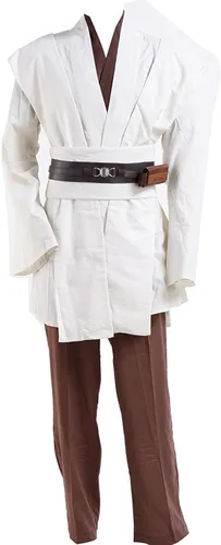 Vista 4 de WYKBPX Conjunto de disfraz de túnica de Halloween, traje de cosplay para Jedi marrón con bata blanca con capucha, Marrón con Blanco