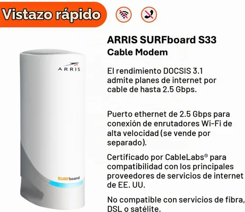 Vista 2 de ARRIS SURFboard S33 DOCSIS 3.1 - Módem de cable Multi-Gig Puertos Ethernet de 2.5Gbps + 1Gbps Funciona con Xfinity, Cox, Spectrum Para planes