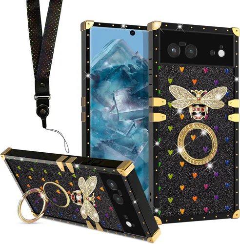 Vista 2 de nancheng Funda para Google Pixel 6 de lujo, diseño de abeja, corazón y abeja, chapado en oro, con anillo de diamante de 360°, correa de cordón
