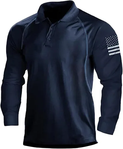 Vista 9 de Camisa polo de manga larga con bandera estadounidense para hombre, cuello gráfico patriótico, camiseta de golf, moderna, casual, cuello en V, tops