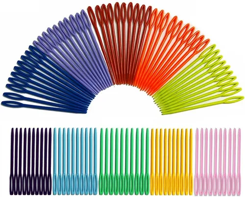 Vista 2 de iFergoo - 100 agujas de coser de plástico, 50 agujas coloridas para manualidades de ojos grandes de 3.5 pulgadas y 50 agujas de aprendizaje