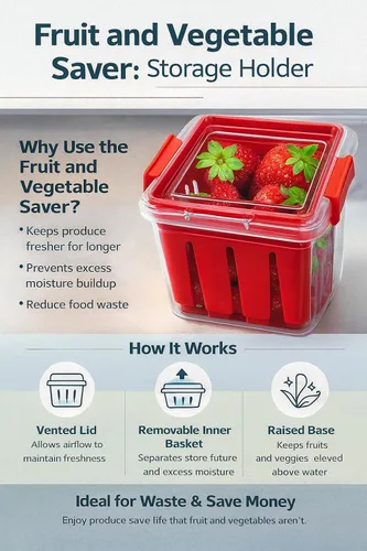 Vista 4 de Home & Style Recipiente de almacenamiento de productos con colador, enjuague, escurre y mantiene las frutas frescas, sin BPA, con tapa, ideal