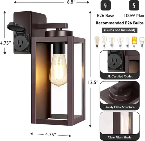 Vista 6 de BesLowe Paquete de 2 luces de porche con toma de corriente certificada UL, modernas luces de pared para exteriores, accesorios de iluminación