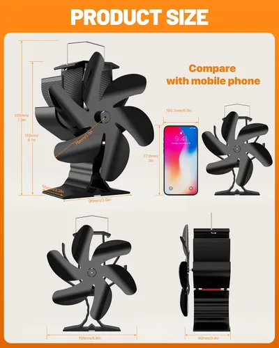 Vista 2 de HIDALIFE Ventilador de estufa de leña de 6 aspas con potencia de calor, ventilador para chimenea, soplador térmico con termómetro magnético