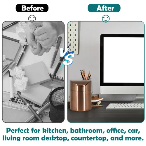 Vista 3 de Mini basurero, pequeño cubo de basura de escritorio con tapa giratoria, de acero inoxidable, para encimera de baño, cubos de basura de cocina