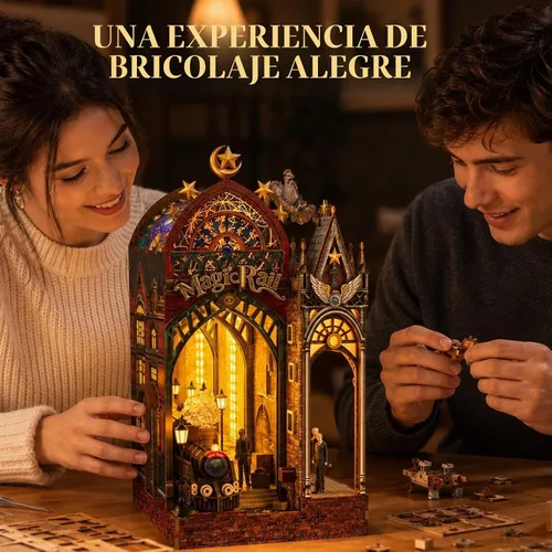 Vista 2 de Rompecabezas de madera 3D, kit de rincón de libros, estación de tren mágico con luces LED y música, kits de rompecabezas de madera en miniatura