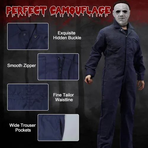 Vista 5 de Disfraz de Michael Myers cómodo disfraz de Halloween para adultos para hombres y mujeres máscara perfecta de Michael Myers no incluida