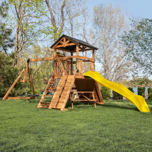 Vista 11 de Backyard Discovery Endeavor II Set de columpios de madera de cedro con tobogán ondulado, plataforma de juego, doble pared de escalada, mesa