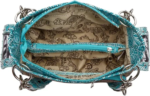 Vista 6 de Camuflaje Estilo Occidental Totes Bolso Floral Tachonado Bolso de Cuero Tooled Bolso de Cuero de las Mujeres del País Bolsa de Hombro Cremallera