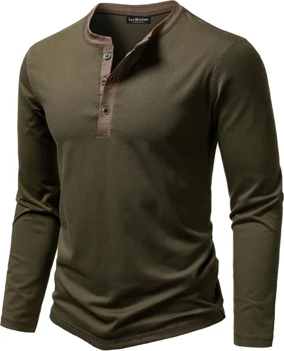 Vista 3 de LucMatton Camiseta de manga larga para hombre, ajuste entallado, elástica, estilo Henley, casual, con solapa de 3 botones