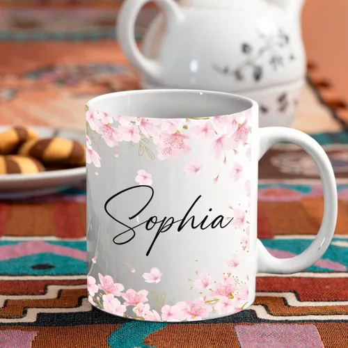 Vista 2 de Taza de café personalizada con nombre de flor de cerezo, taza de café blanca de flor de cerezo, taza de viaje de flor de cerezo, regalo