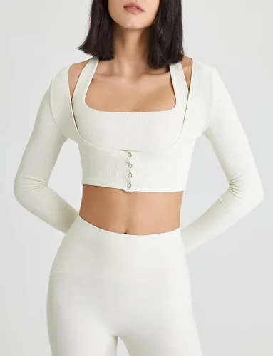 Vista 2 de Camiseta corta acanalada de manga larga para mujer, sin costuras, para yoga, con agujero para el pulgar, ciclismo