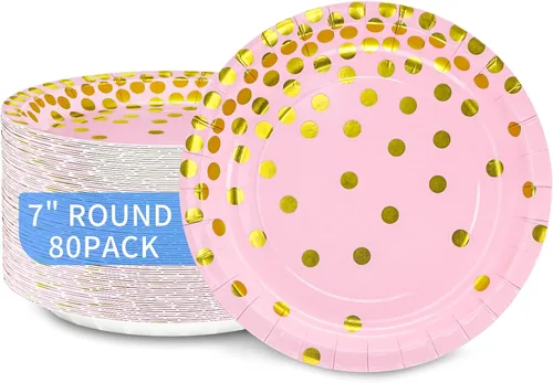 Vista 8 de DYLIVeS Plato de papel, paquete de 80 lunares negros y dorados, platos desechables de 7 pulgadas, redondo, casual, para todas las estaciones