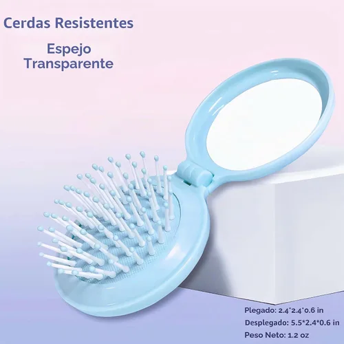 Vista 4 de Juego de cepillo de pelo y espejo de viaje para mujeres, cepillo plegable con espejo compacto para bolso o mochila, lindo regalo azul bebé