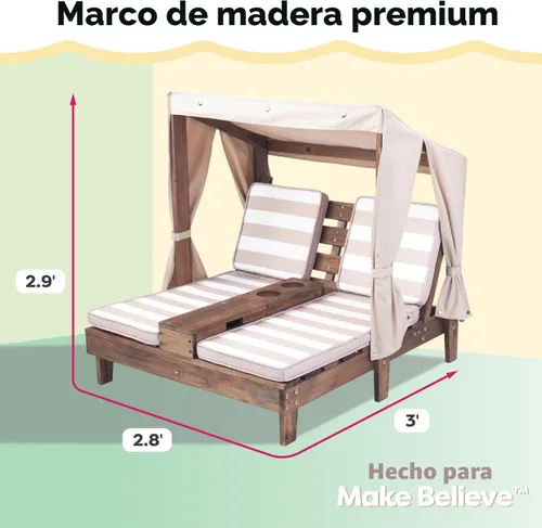 Vista 3 de KidKraft Tumbona doble de madera para exteriores con portavasos, muebles de patio para niños o mascotas, espresso con avena y tela a rayas blancas