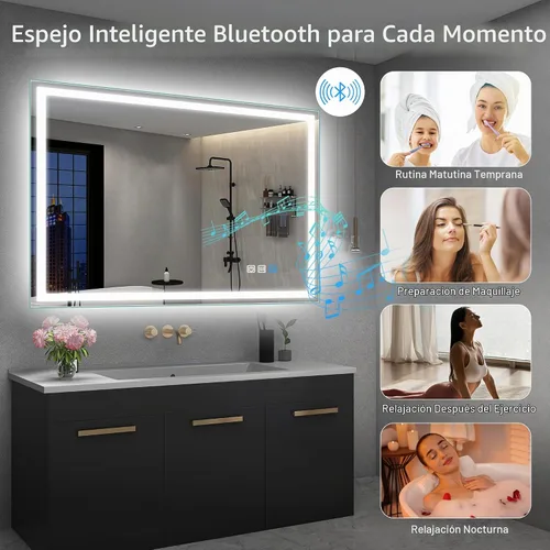 Vista 4 de SBAGNO - Espejo LED de baño con Bluetooth, 24 x 32 pulgadas, con luz regulable, espejo de tocador con 3 colores, retroiluminado + luz frontal
