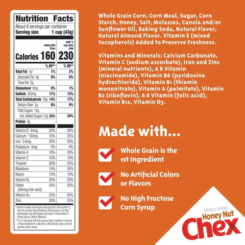 Vista 2 de Honey Nut Chex Cereal para el desayuno, sin gluten, hecho con grano entero, 12.5 onzas Made with Real Honey & Natural Almond Flavor, 13g Whole