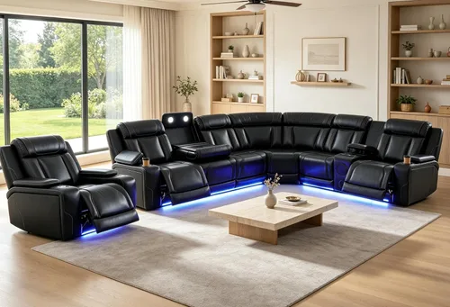 Vista 57 de Juego de sofá seccional reclinable de cuero, sofá seccional con 4 sillones reclinables