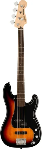 Vista 2 de Squier Affinity Series Precision Bass Pack, 3 colores Sunburst, diapasón de laurel, con bolsa de concierto y Rumble de 15 amperios