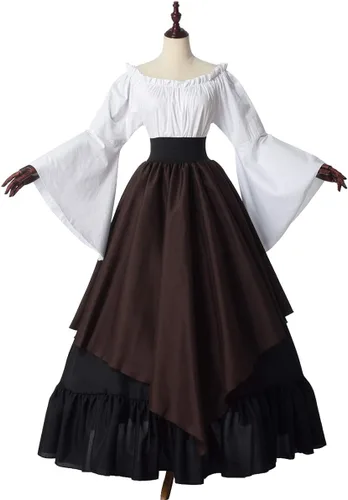 Vista 3 de BPURB Vestido medieval para mujer, disfraz renacentista (parte superior, falda y enagua)
