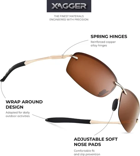 Vista 2 de Xagger Gafas de sol polarizadas para hombre, marco de metal sin marco, protección UV400, gafas de sol